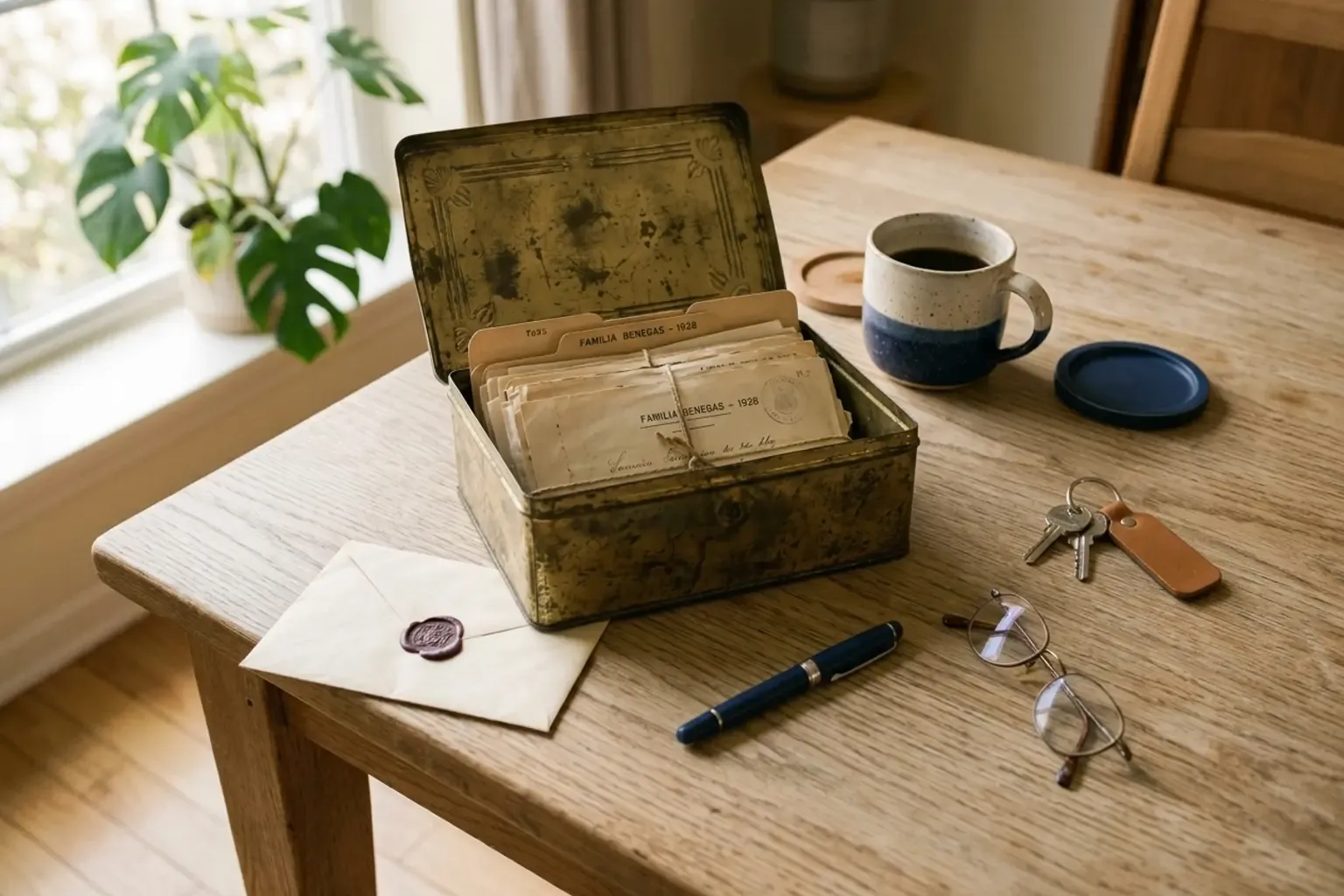 Caja metálica antigua abierta sobre una mesa de madera, con cartas y documentos familiares guardados dentro, junto a un sobre lacrado, unas gafas de leer, unas llaves y una taza de café