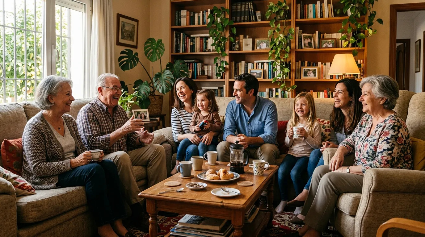 Familia de tres generaciones reunida en el salón de casa, conversando alrededor de una mesa con café