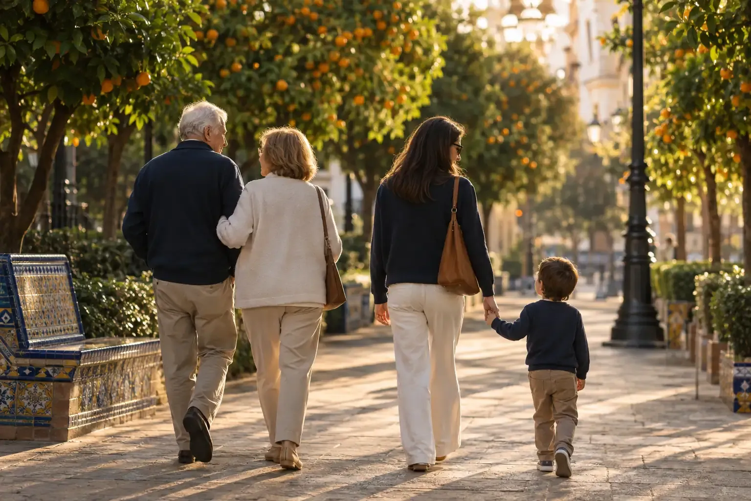 Una pareja mayor camina del brazo por un paseo con naranjos y bancos de azulejo, seguida de su hija que lleva de la mano a un niño pequeño, con luz cálida de tarde
