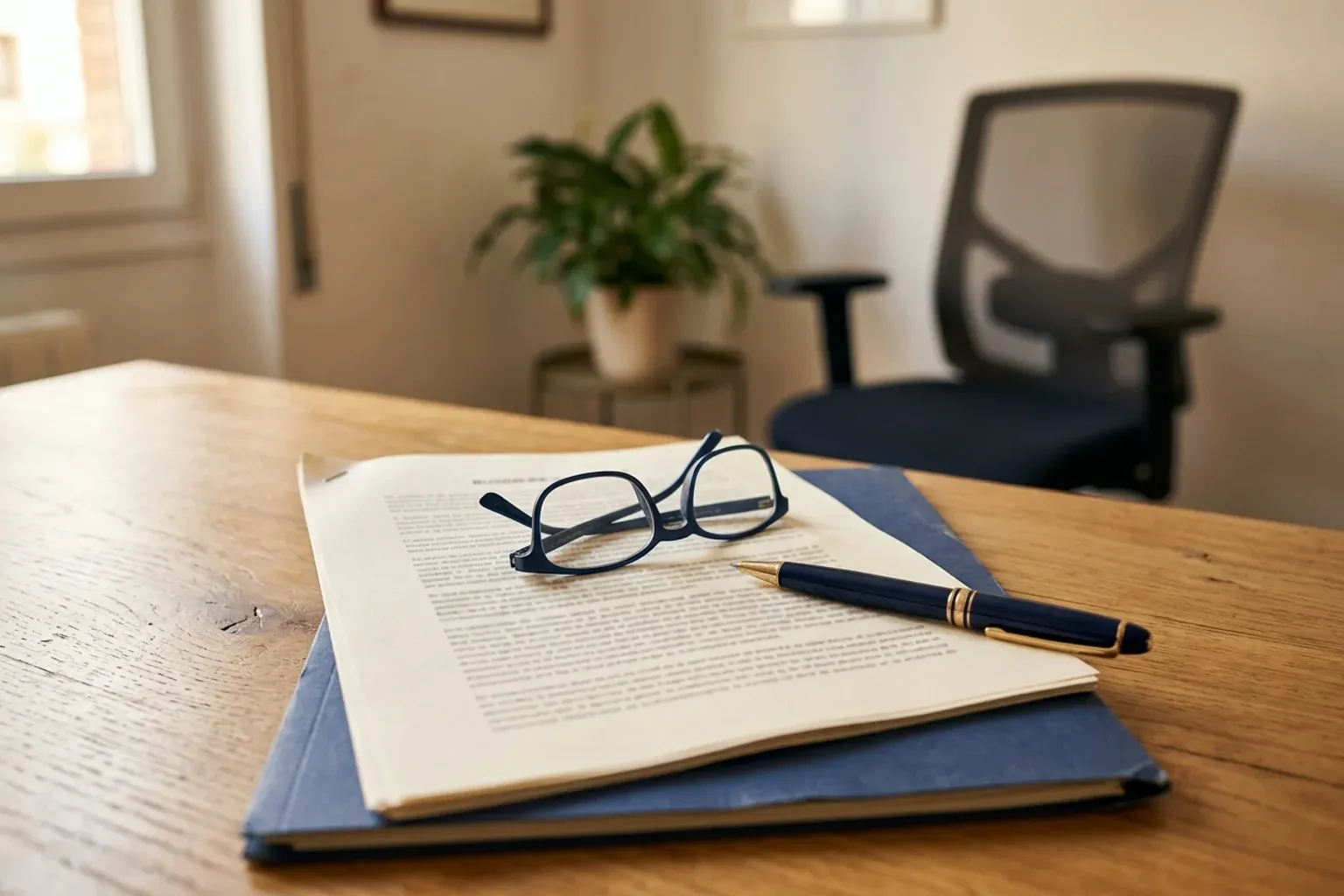 Contrato de varias páginas sobre una carpeta azul, con unas gafas de leer y un bolígrafo encima, en una mesa de despacho