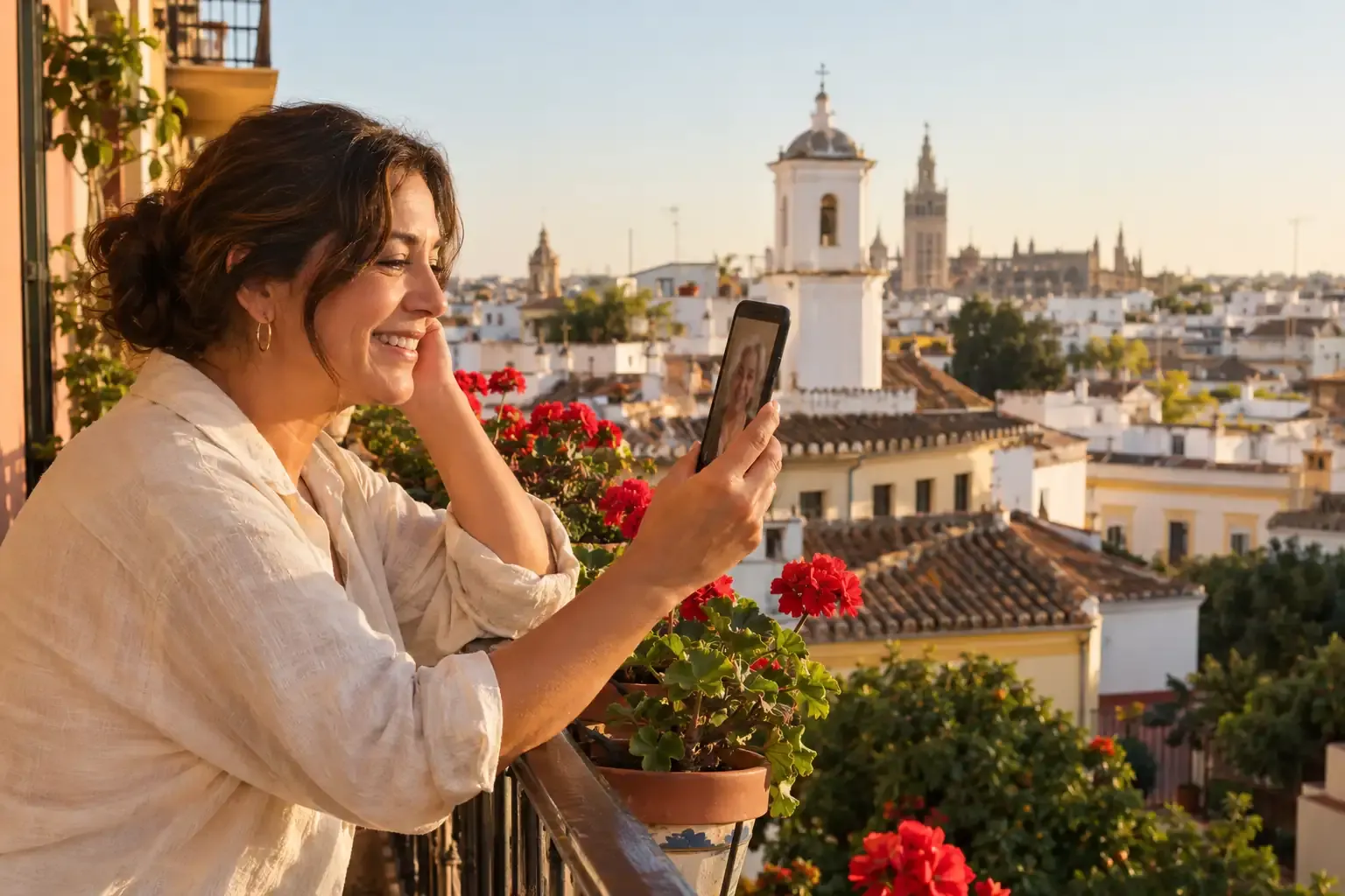 Una mujer sonríe mientras hace una videollamada con una mujer mayor desde un balcón con geranios rojos, con los tejados de Sevilla y la Giralda al fondo, a última hora de la tarde