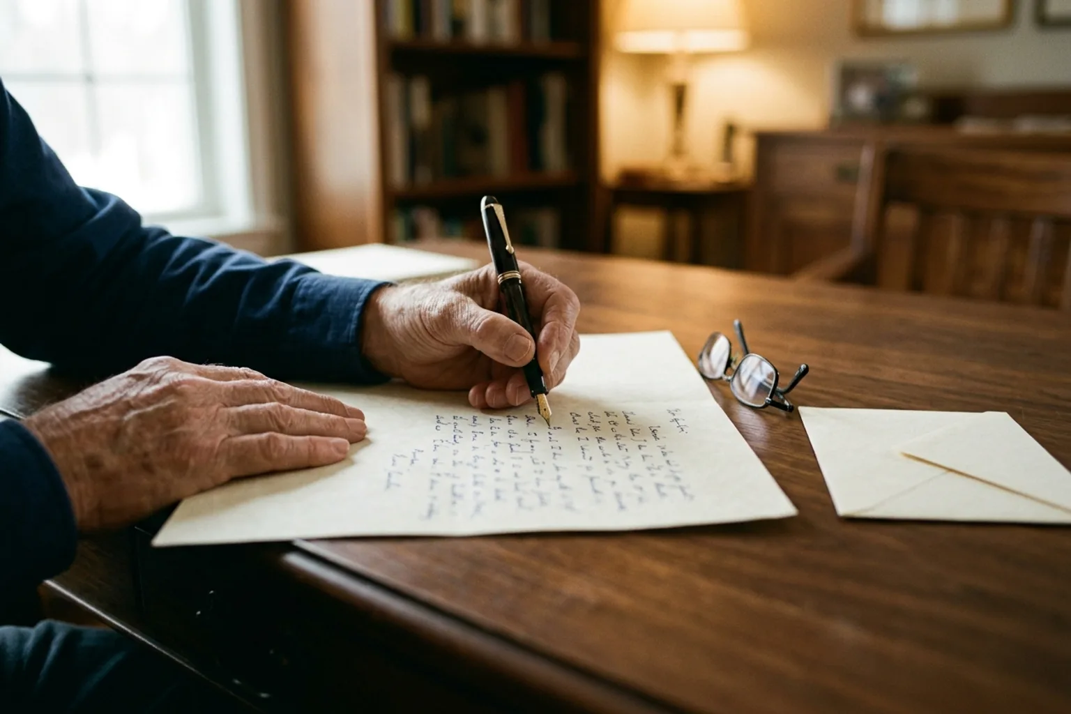 Manos de una persona mayor escribiendo con pluma sobre un documento en una mesa de madera, junto a unas gafas y un sobre cerrado, con luz suave de ventana