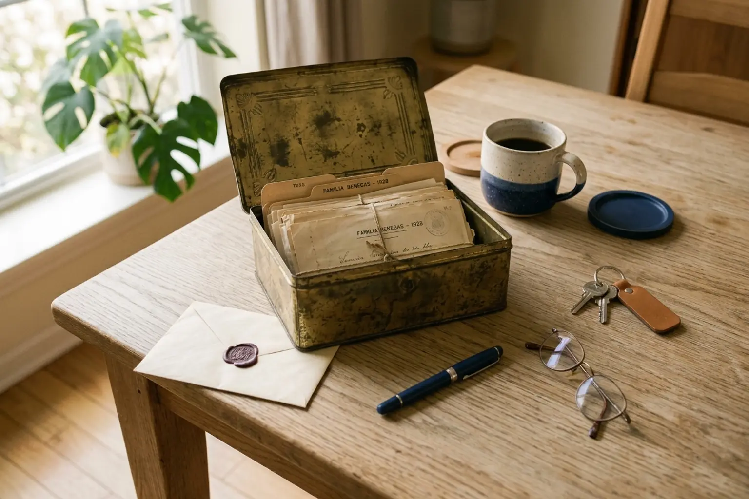 Caja metálica antigua abierta sobre una mesa de madera, con cartas y documentos familiares guardados dentro, junto a un sobre lacrado, unas gafas de leer, unas llaves y una taza de café