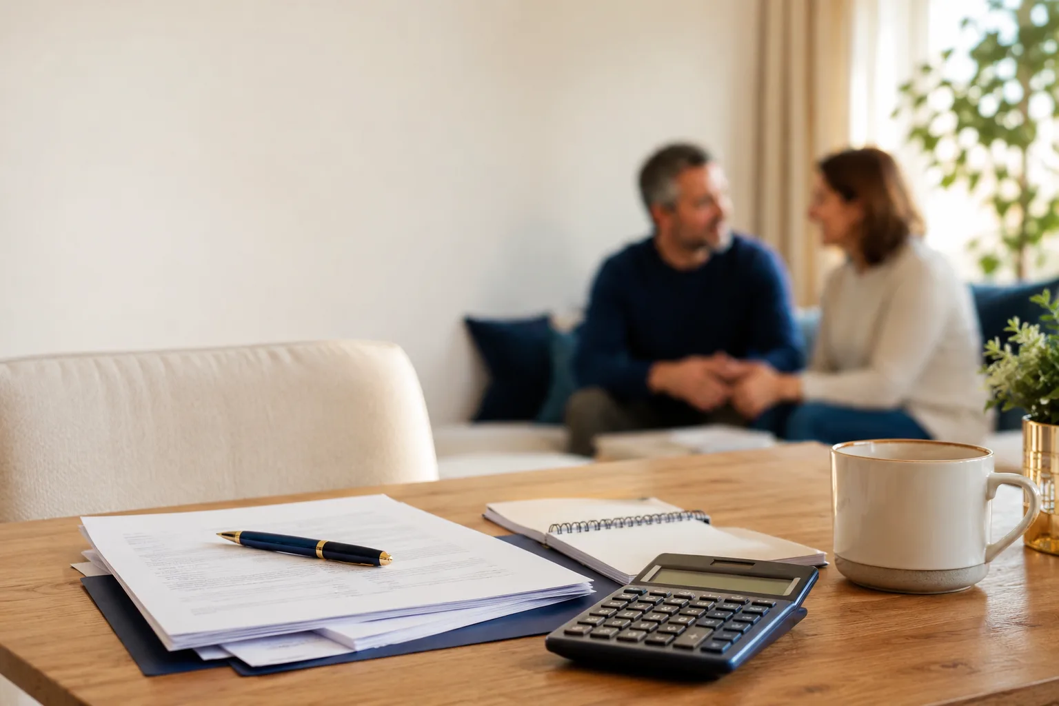 Documentos de seguro y calculadora sobre una mesa, con una pareja conversando al fondo