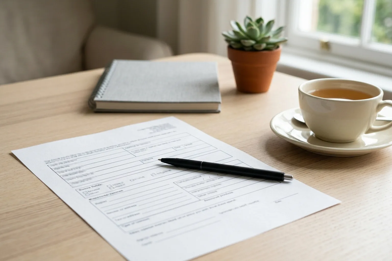 Formulario impreso sobre una mesa clara junto a un bolígrafo y una taza de té, con luz natural de ventana y un cuaderno cerrado al lado