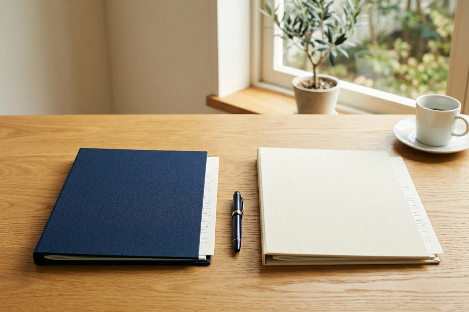 Dos carpetas de documentos, una azul marino y otra color crema, colocadas una junto a la otra sobre una mesa de madera con un bolígrafo entre ambas