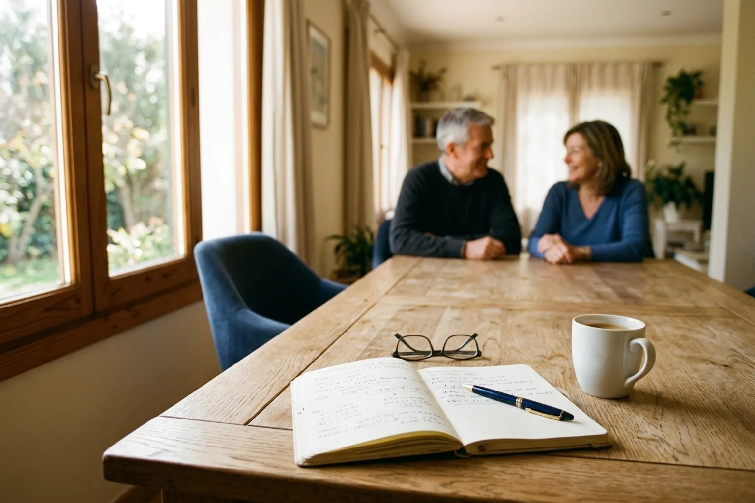 Cuaderno de cuentas abierto con unas gafas y un bolígrafo sobre la mesa del comedor, con una pareja conversando al fondo
