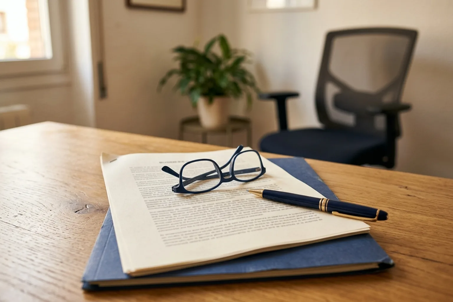Contrato de varias páginas sobre una carpeta azul, con unas gafas de leer y un bolígrafo encima, en una mesa de despacho
