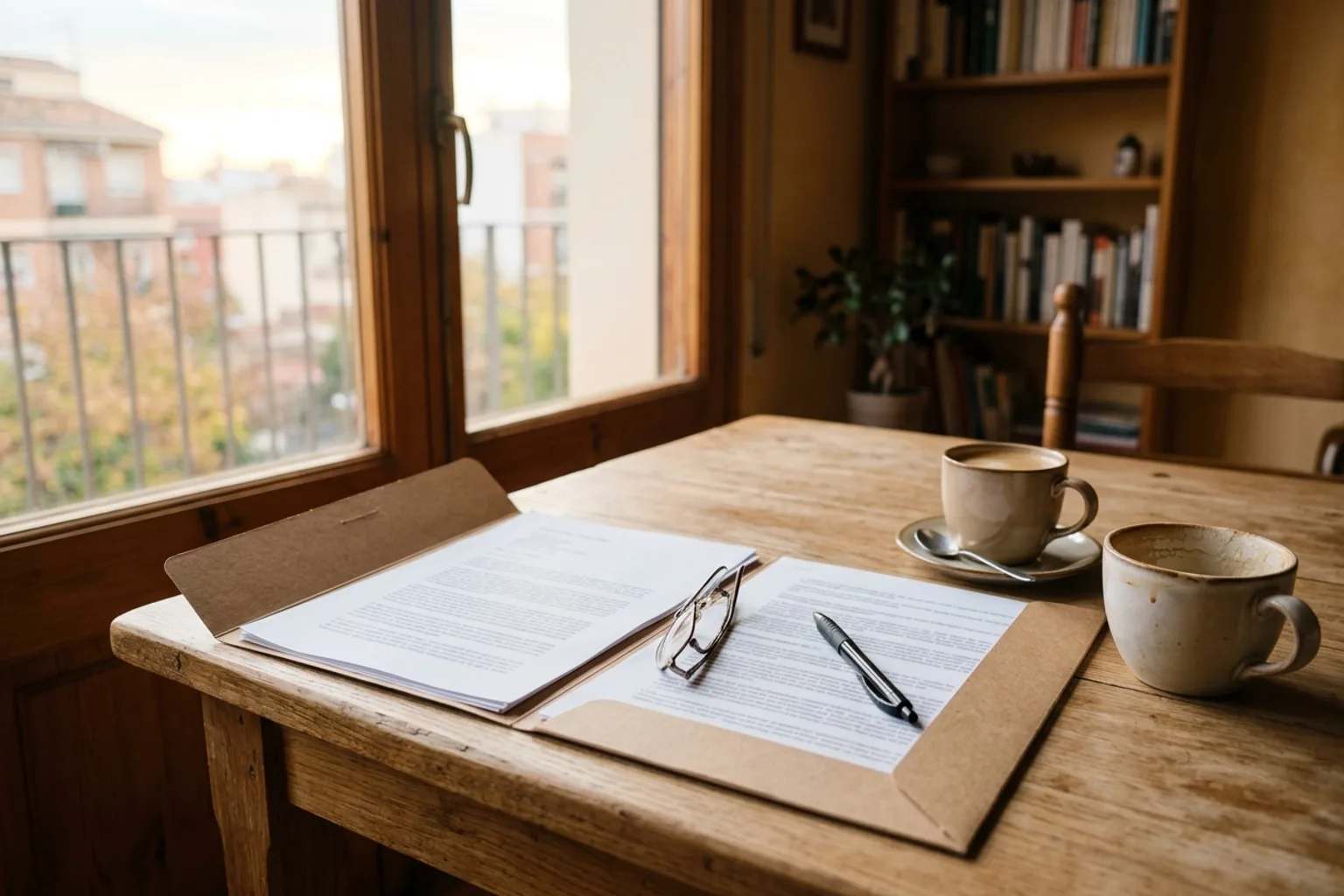 Mesa de comedor junto a una ventana con luz de mañana, con una carpeta de documentos abierta, unas gafas de leer y dos tazas de café