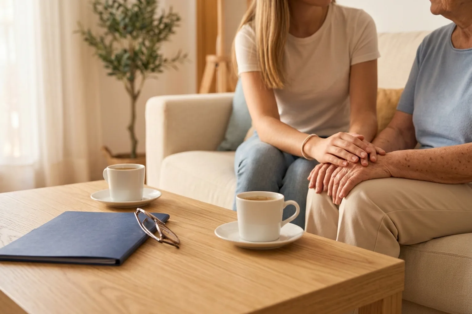 Una mujer joven posa su mano sobre la de una mujer mayor, sentadas juntas en el sofá, junto a una mesa con una carpeta y dos cafés