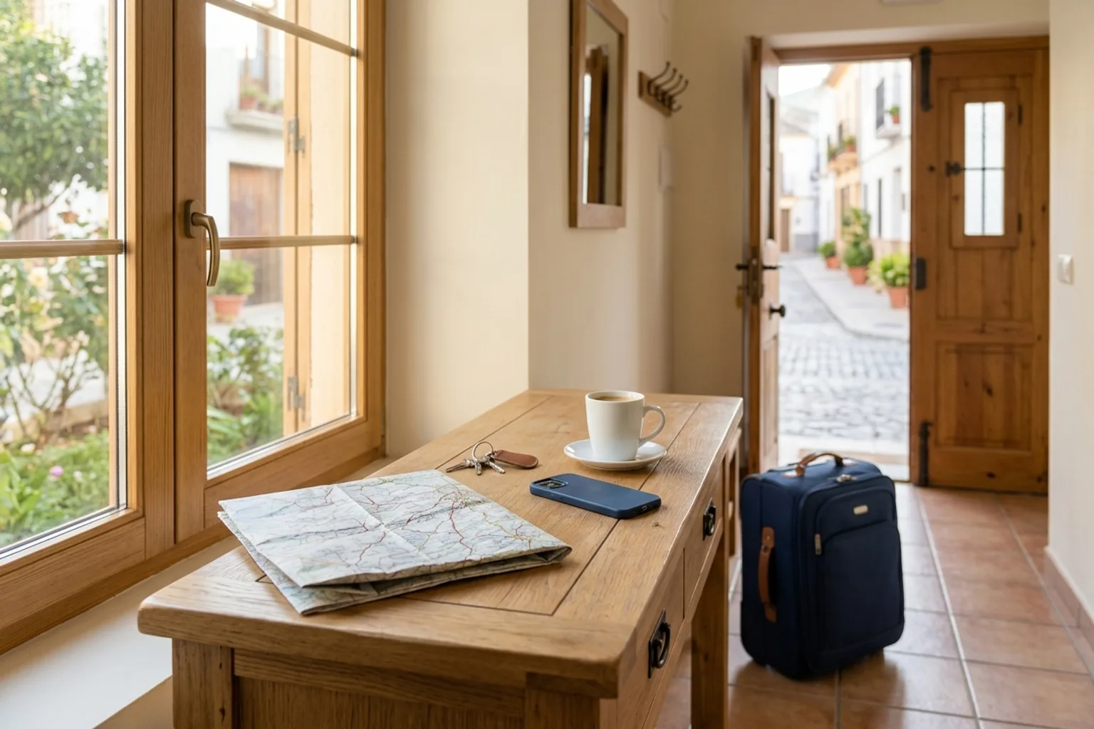 Recibidor de una casa con un mapa desplegado, unas llaves y un teléfono sobre la consola, y una maleta junto a la puerta abierta a la calle