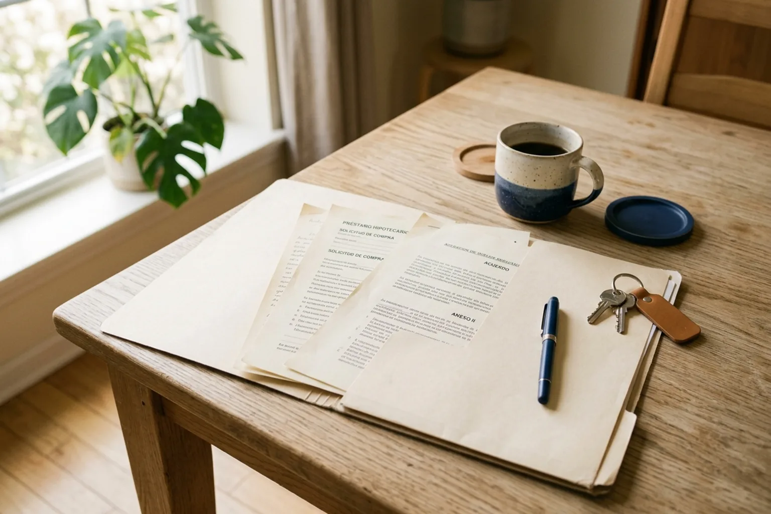 Documentos de un préstamo hipotecario dentro de una carpeta abierta sobre una mesa de madera, con un juego de llaves de casa, un bolígrafo y una taza de café junto a una ventana