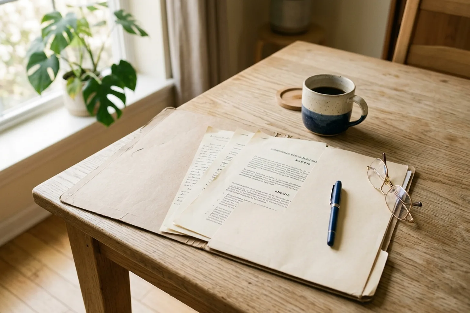 Carpeta de cartón abierta con varios documentos sobre una mesa de madera clara, junto a unas gafas de leer, un bolígrafo azul y una taza de café, con luz natural de una ventana al fondo